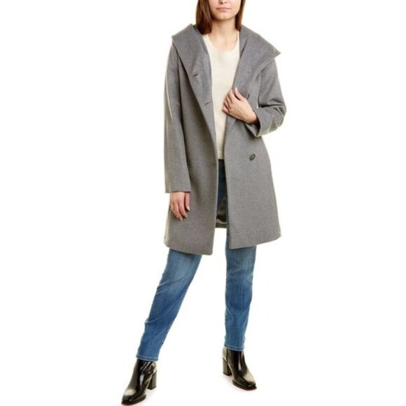Cole Haan Gray Wool Slick Shawl Button Oversized Hooded Jacket Coat Winter 2 XS - Picture 2 of 15